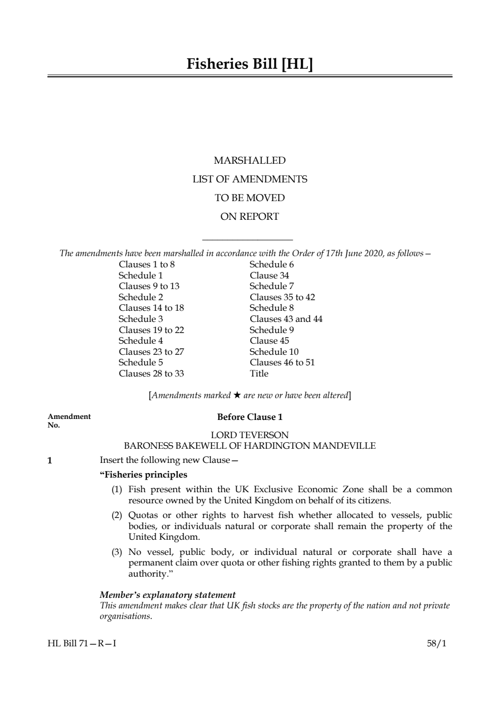 Fisheries Bill Marshalled List of amendments to be moved on report