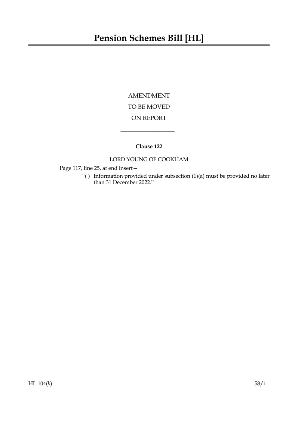 Pension Schemes Bill Amendment to be moved on Report