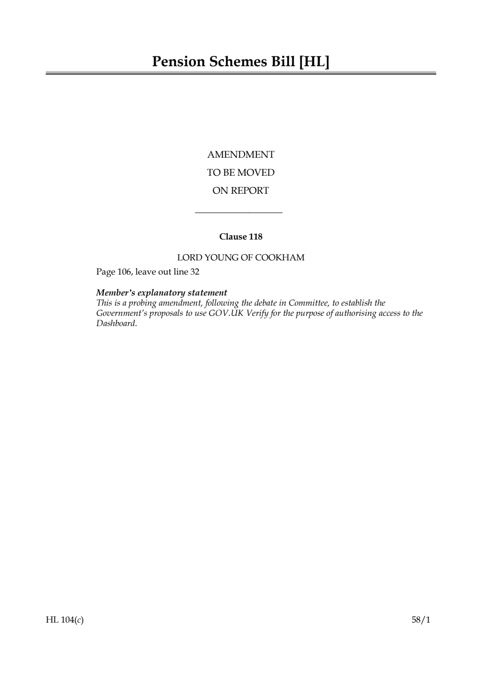 Pension Schemes Bill Amendment to be moved on Report