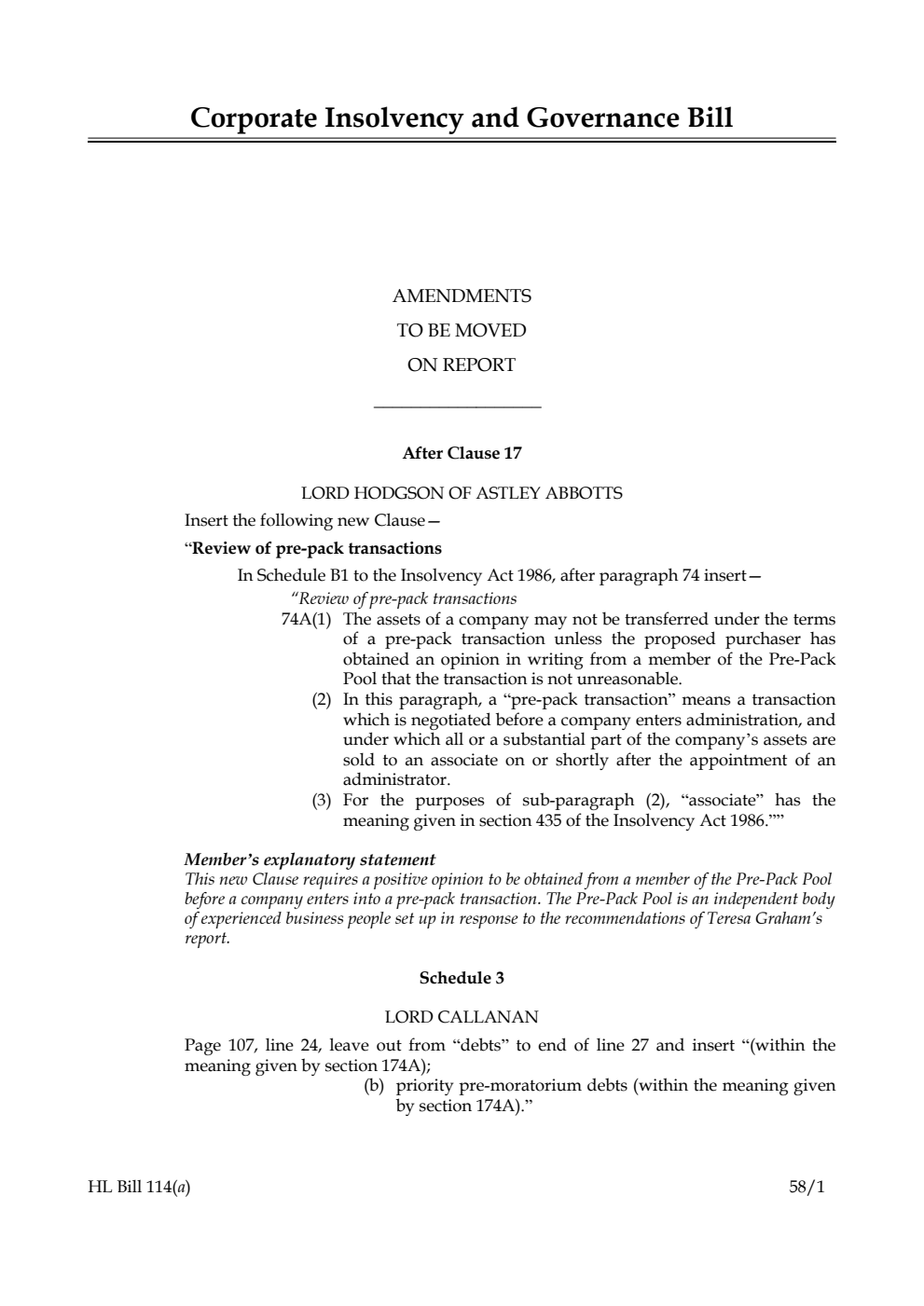 Corporate Insolvency and Governance Bill Amendments to be moved on Report