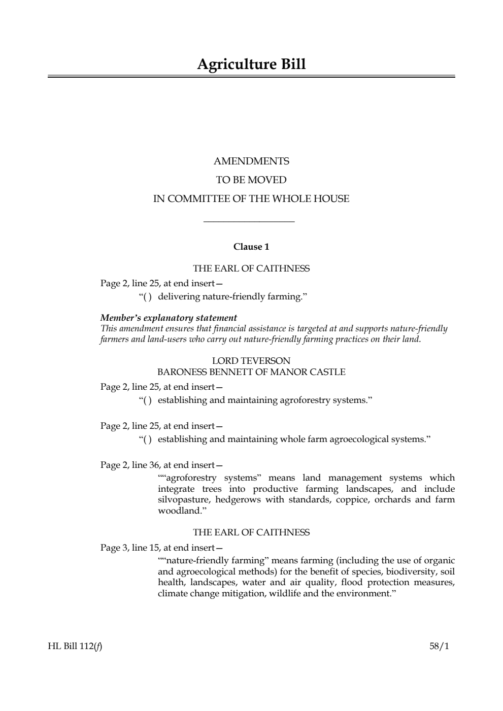 Agriculture Bill Amendments to be moved in Committee of the Whole House