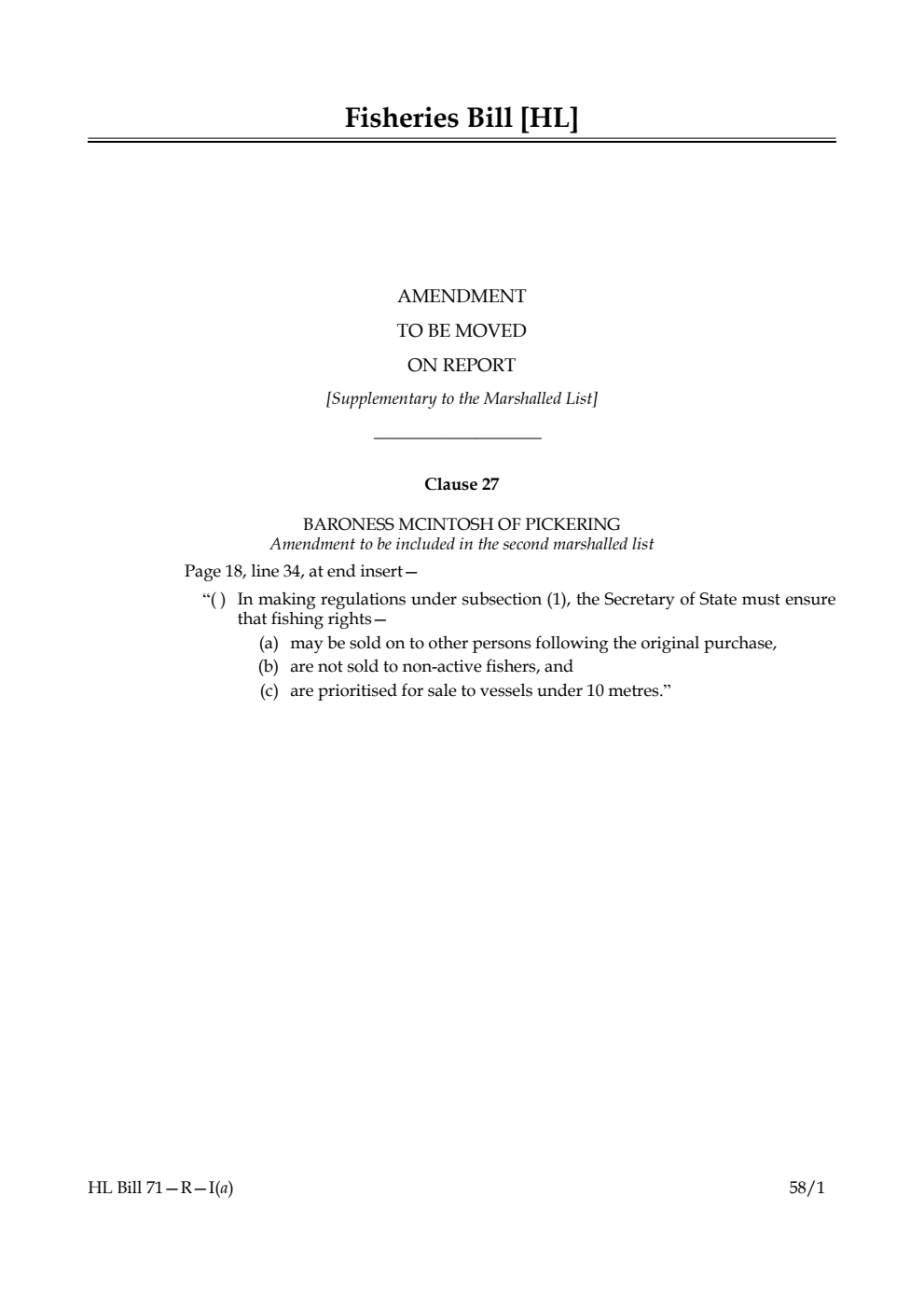 Fisheries Bill Amendment to be moved on report [Supplementary to the Marshalled List]