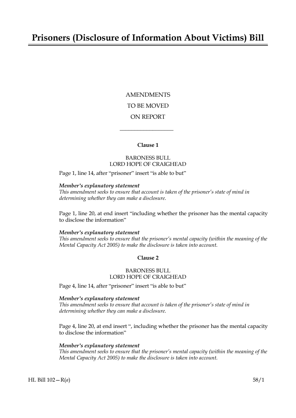 Prisoners (Disclosure of Information About Victims) Bill Amendments to be moved on report