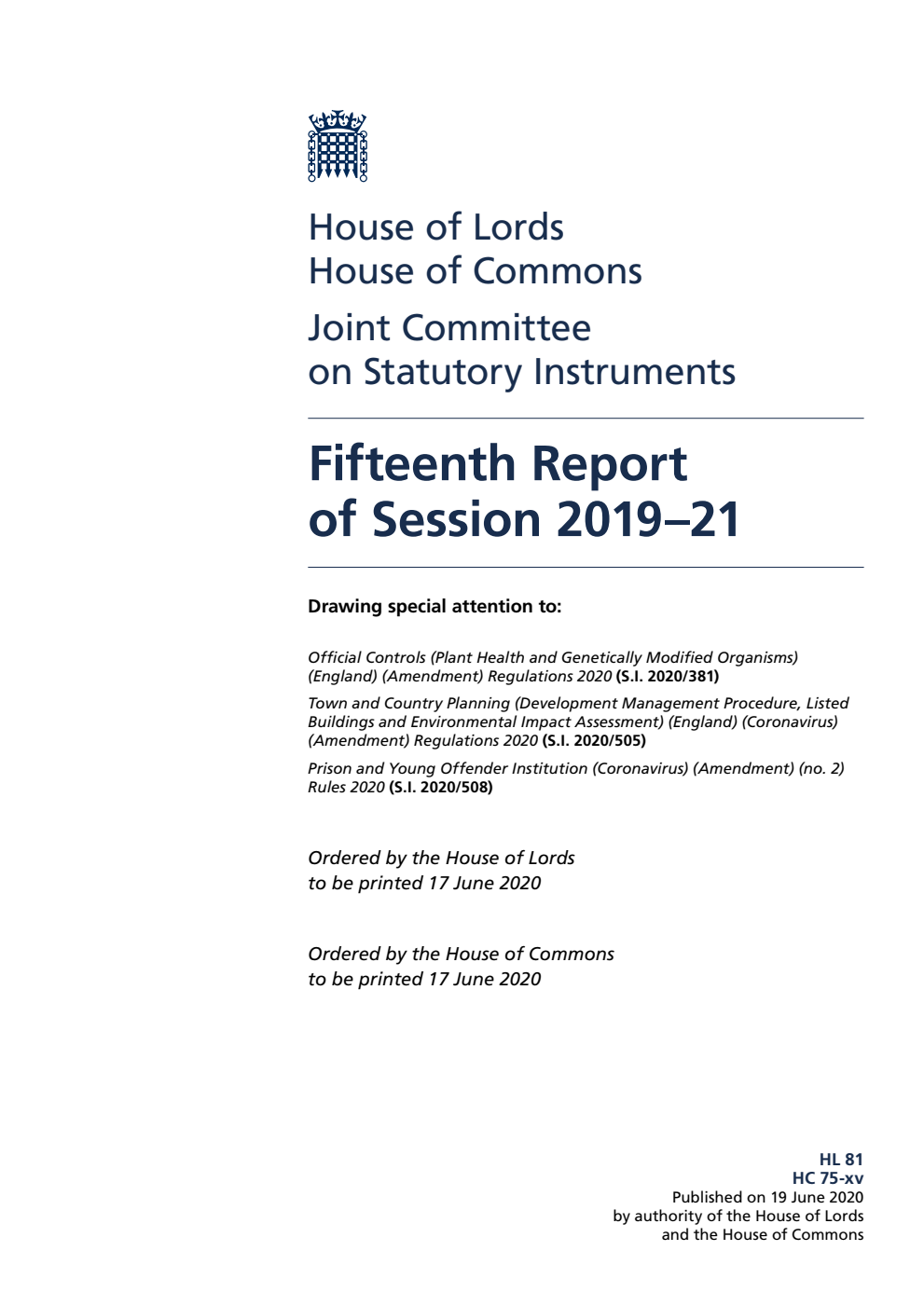 Joint Committee on Statutory Instruments 15th Report of Session 2019-21