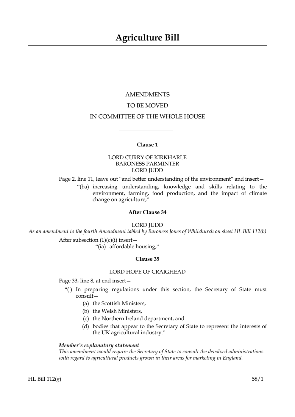 Agriculture Bill Amendments to be moved in Committee of the Whole House