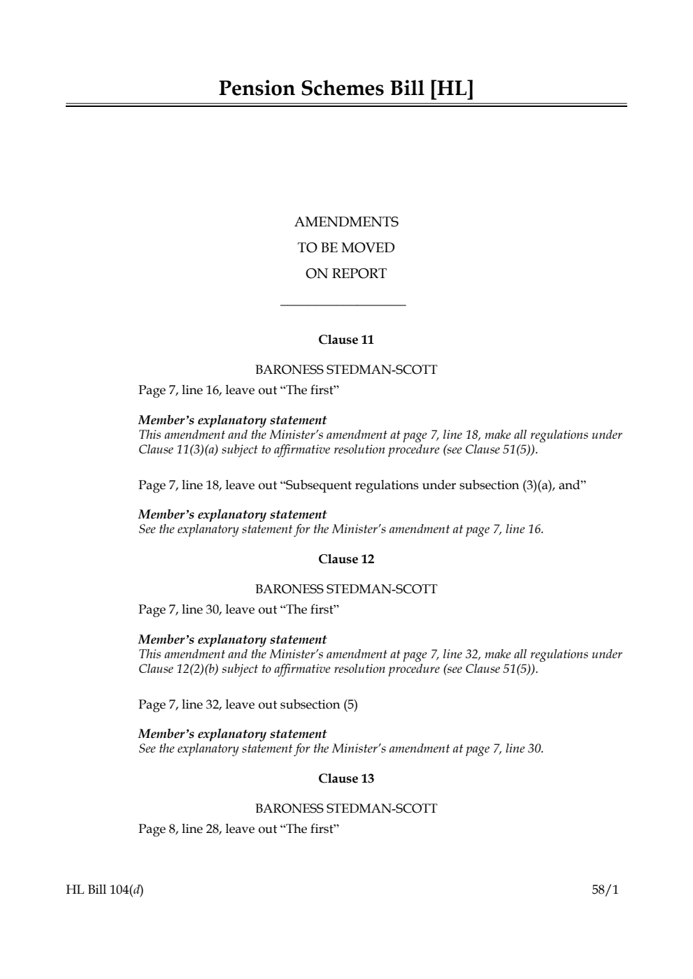 Pension Schemes Bill Amendments to be moved on Report