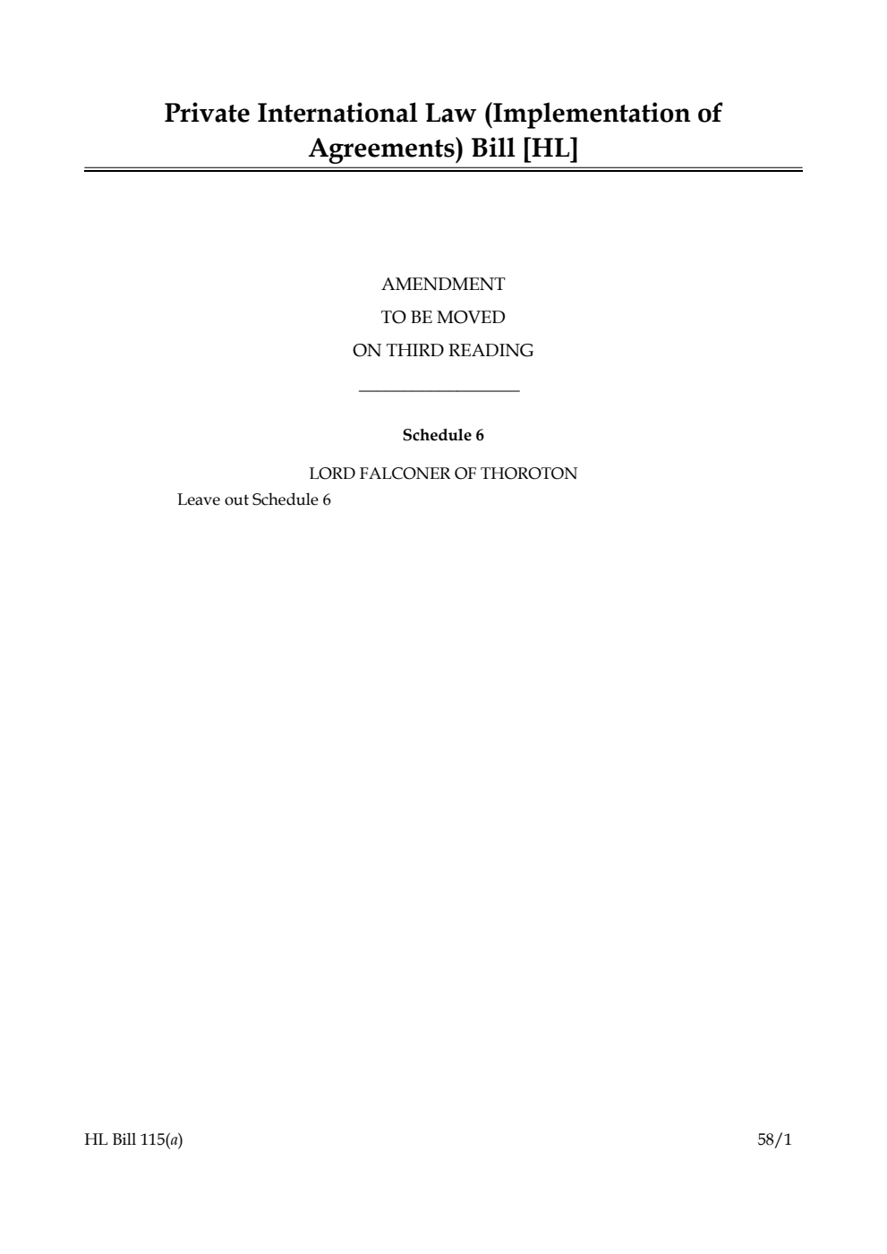 Private International Law (Implementation of Agreements) Bill Amendment to be moved on third reading