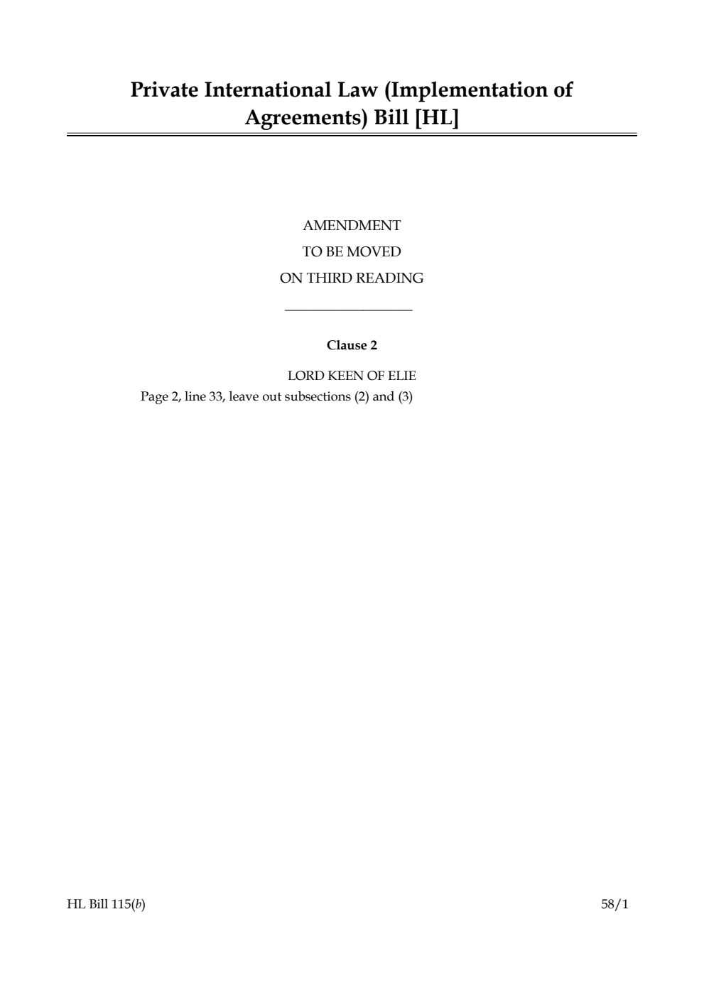 Private International Law (Implementation of Agreements) Bill Amendment to be moved on third reading