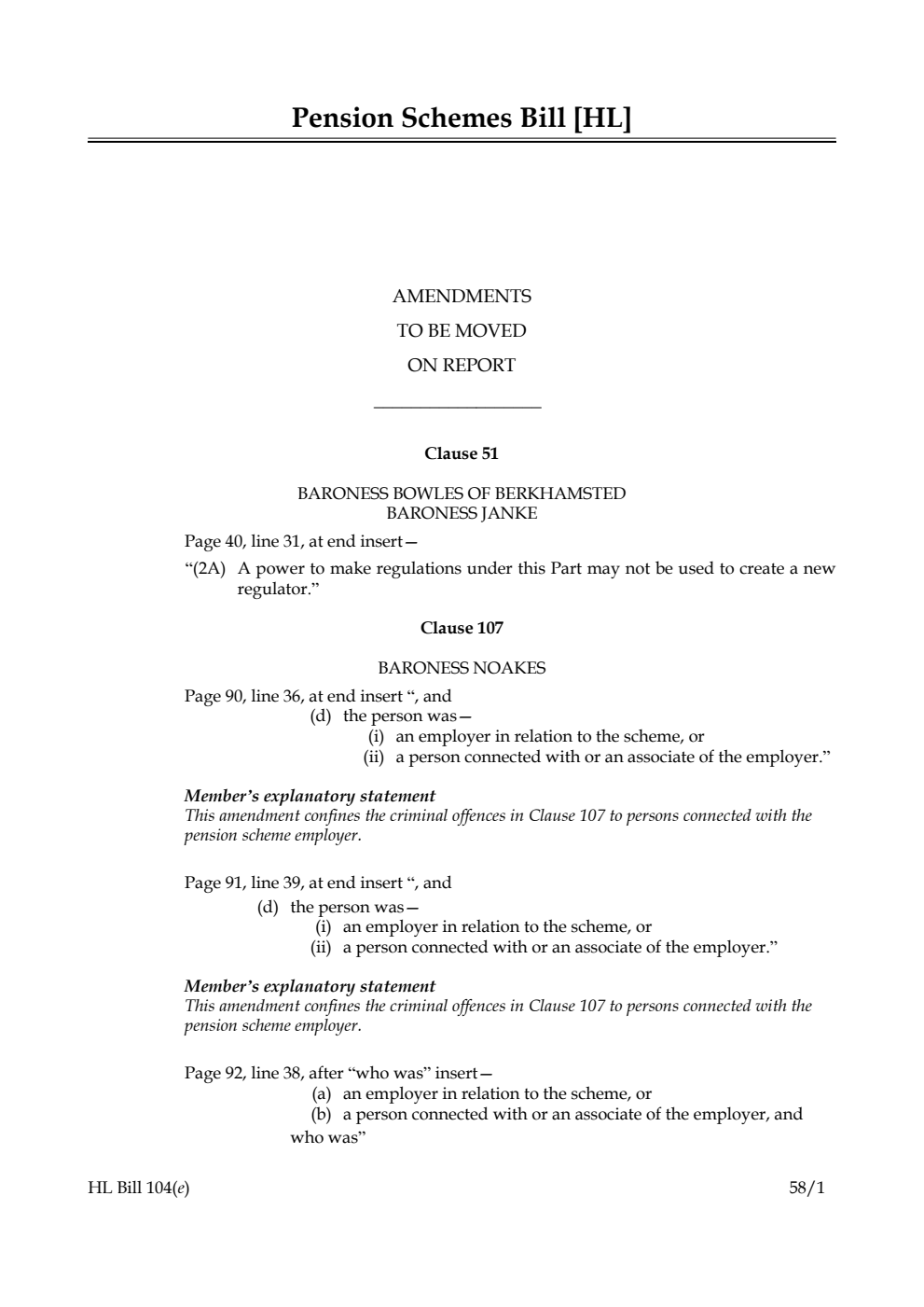 Pension Schemes Bill Amendments to be moved on Report