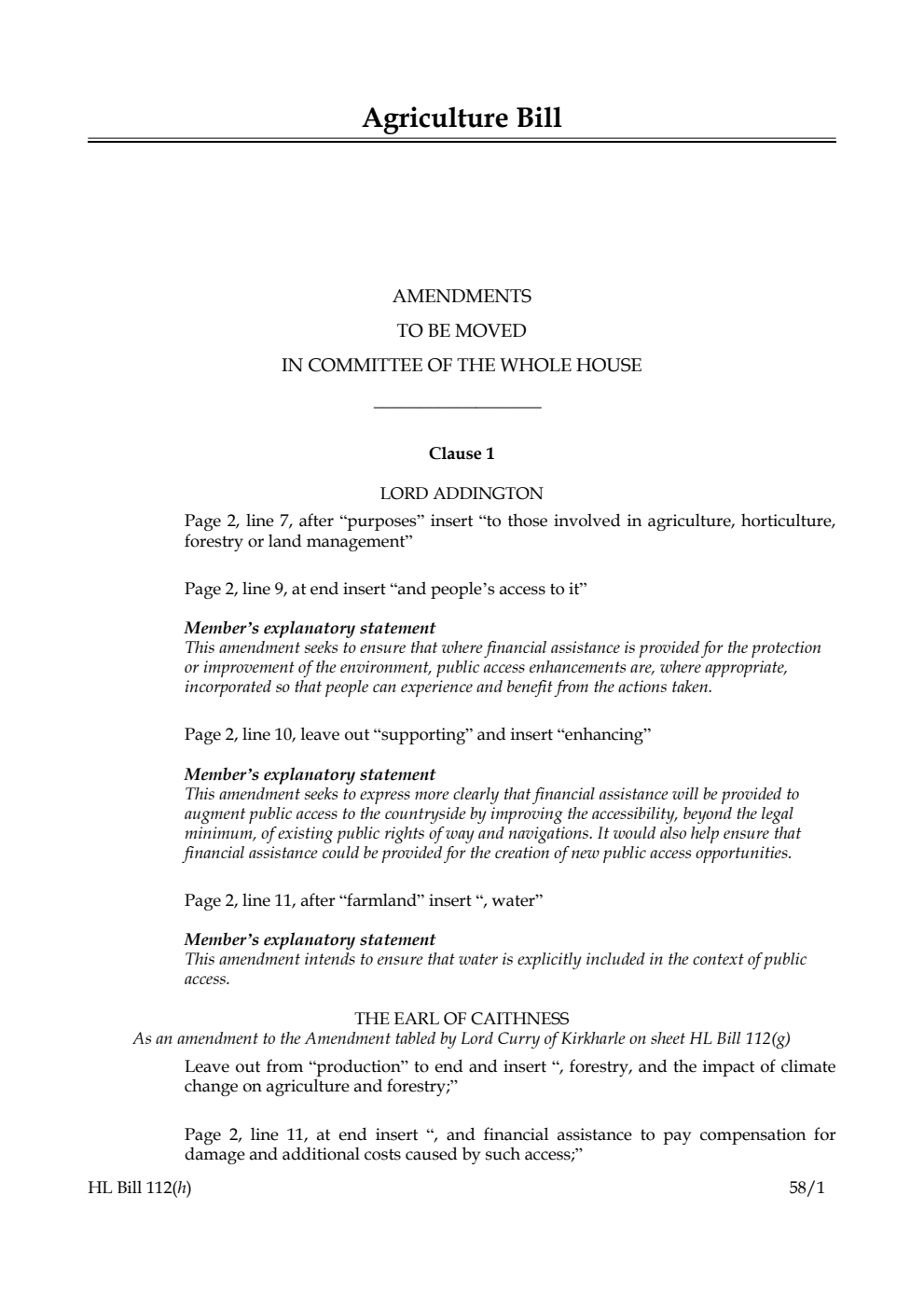 Agriculture Bill Amendments to be moved in Committee of the Whole House