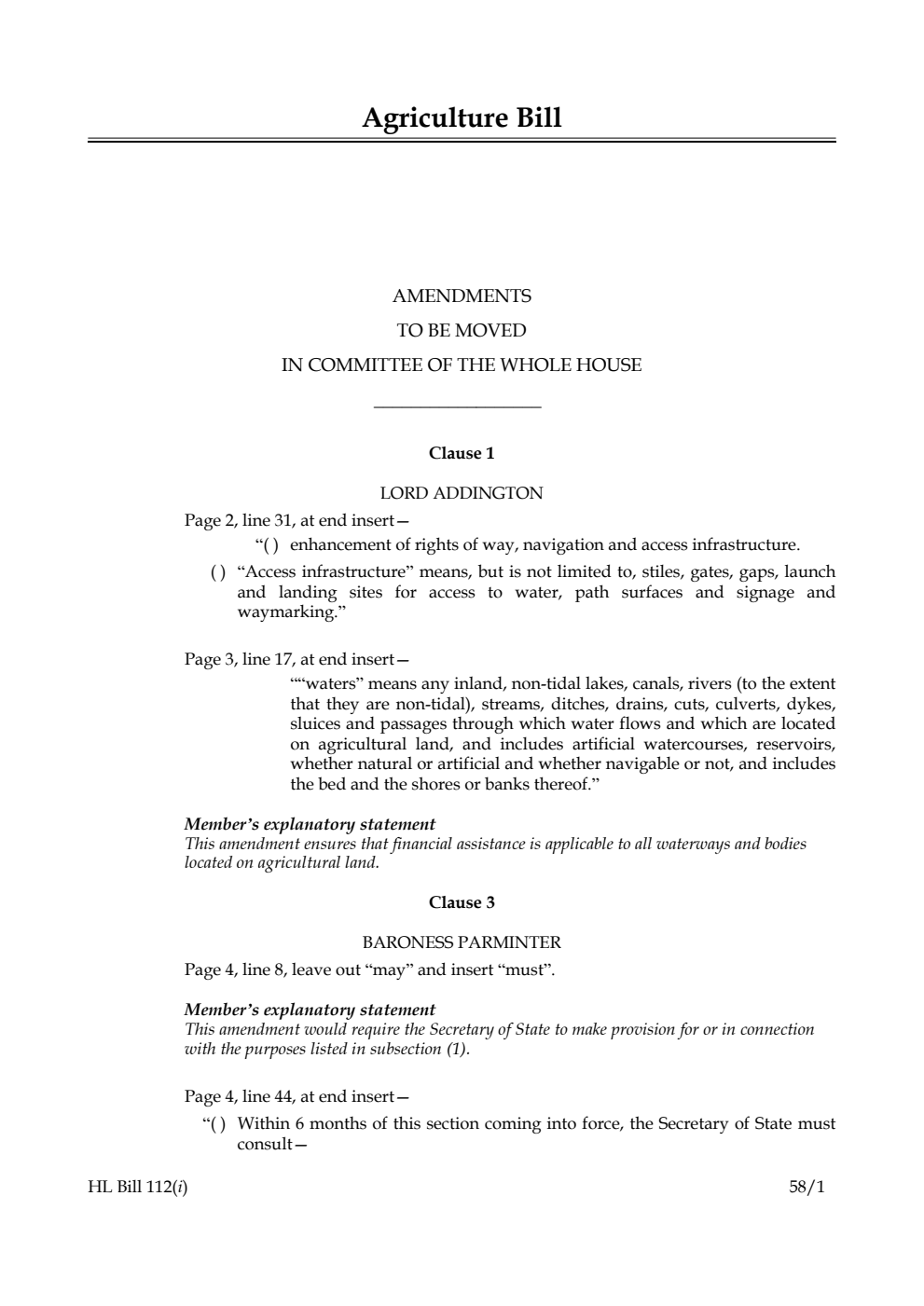 Agriculture Bill Amendments to be moved in Committee of the Whole House