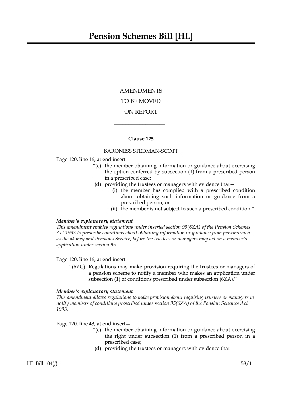 Pension Schemes Bill Amendments to be moved on Report