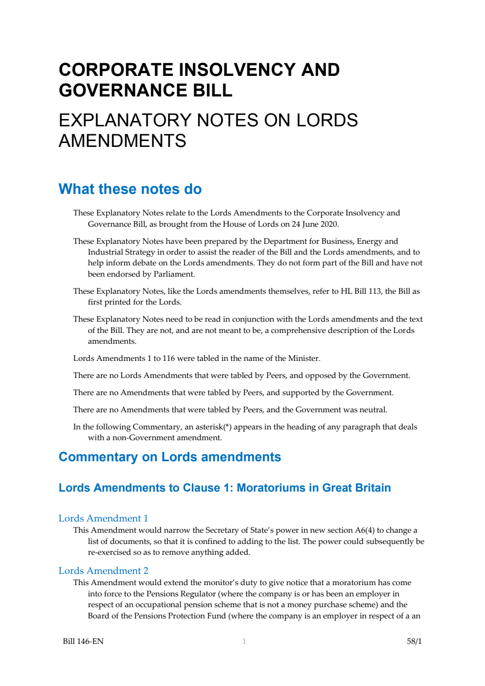 Corporate Insolvency and Governance Bill Explanatory Notes on Lords Amendments