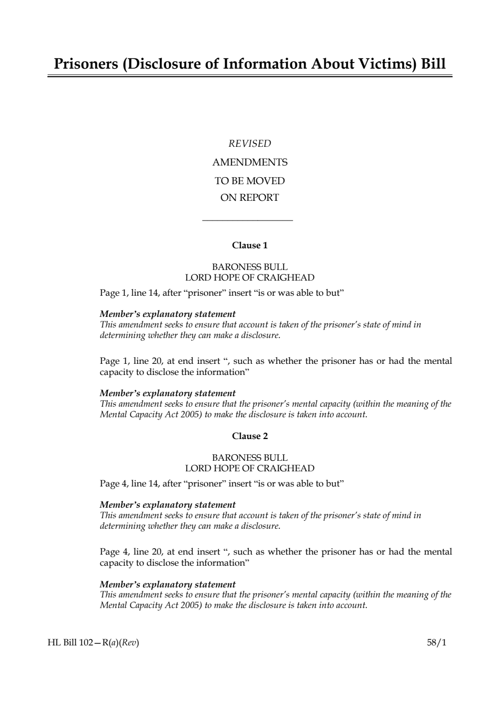 Prisoners (Disclosure of Information About Victims) Bill Revised Amendments to be moved on report