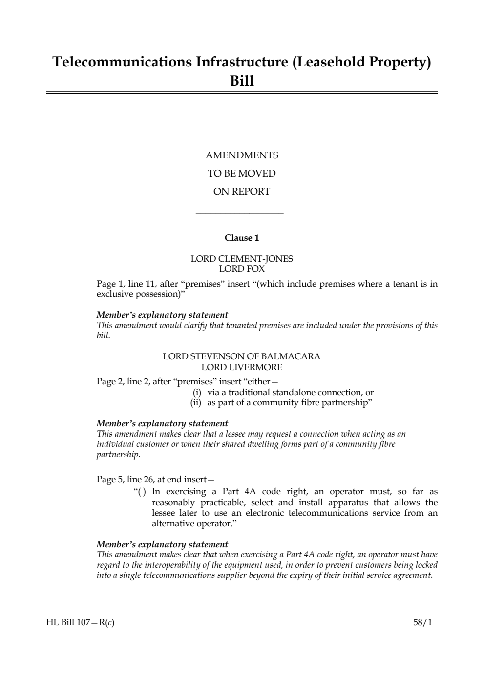 Telecommunications Infrastructure (Leasehold Property) Bill Amendments to be moved on report