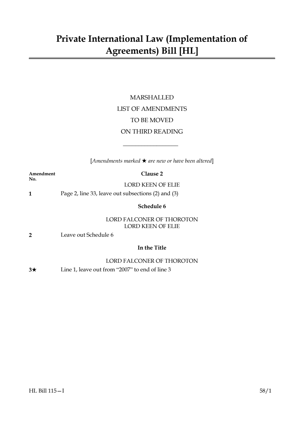 Private International Law (Implementation of Agreements) Bill Marshalled List of amendments to be moved on third reading