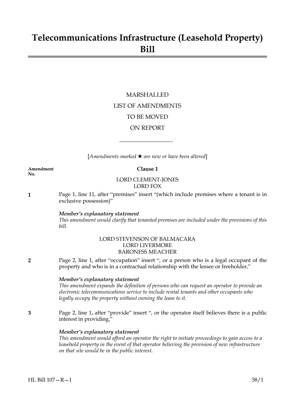 Telecommunications Infrastructure (Leasehold Property) Bill Marshalled List of amendments to be moved on report
