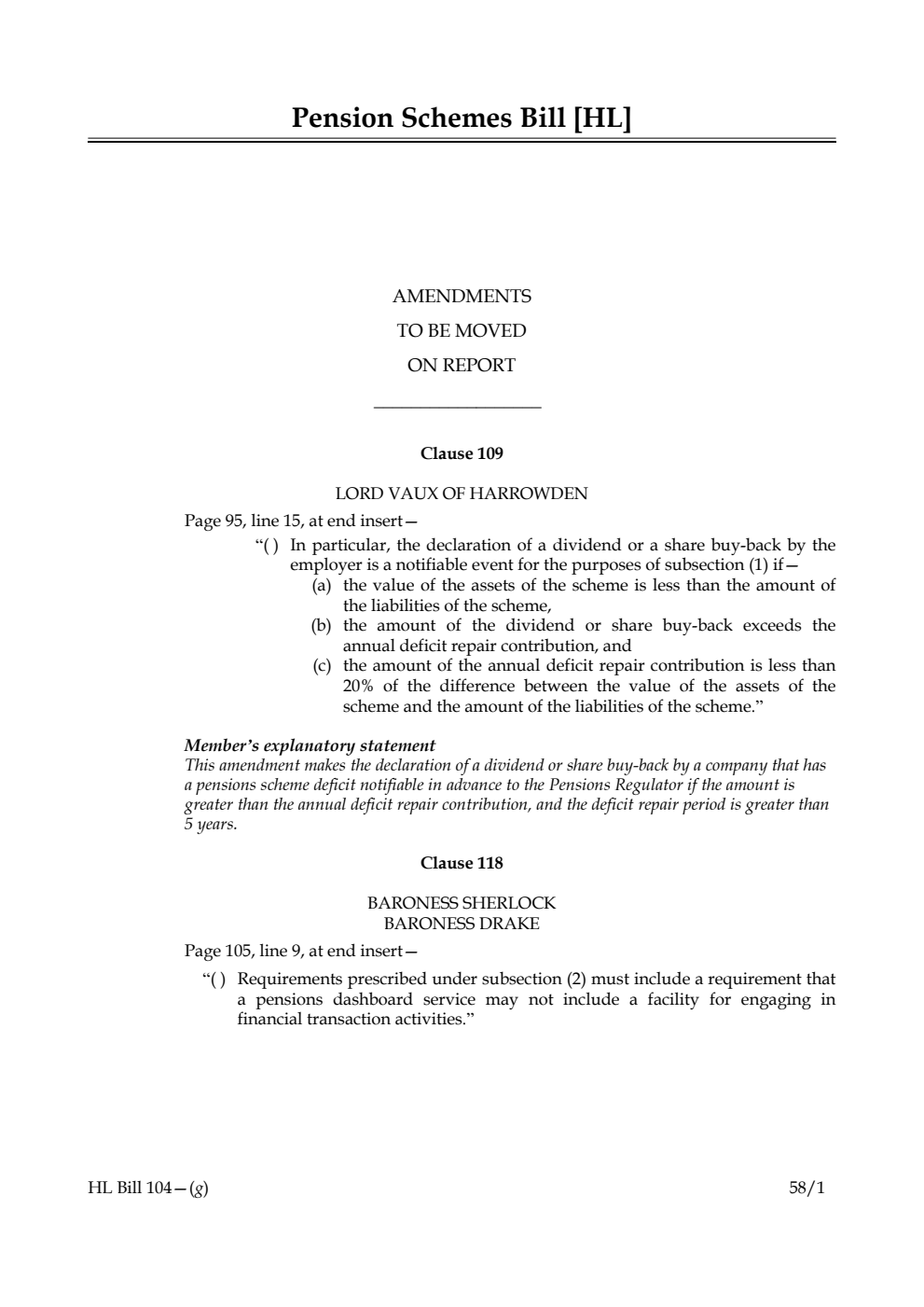 Pension Schemes Bill Amendments to be moved on Report