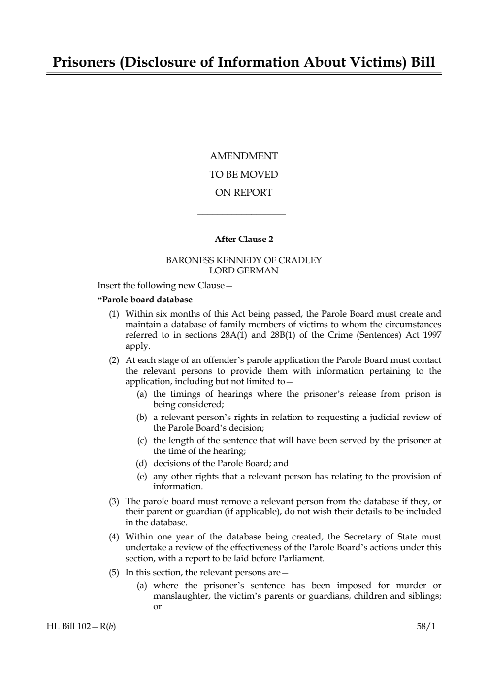 Prisoners (Disclosure of Information About Victims) Bill Amendment to be moved on report
