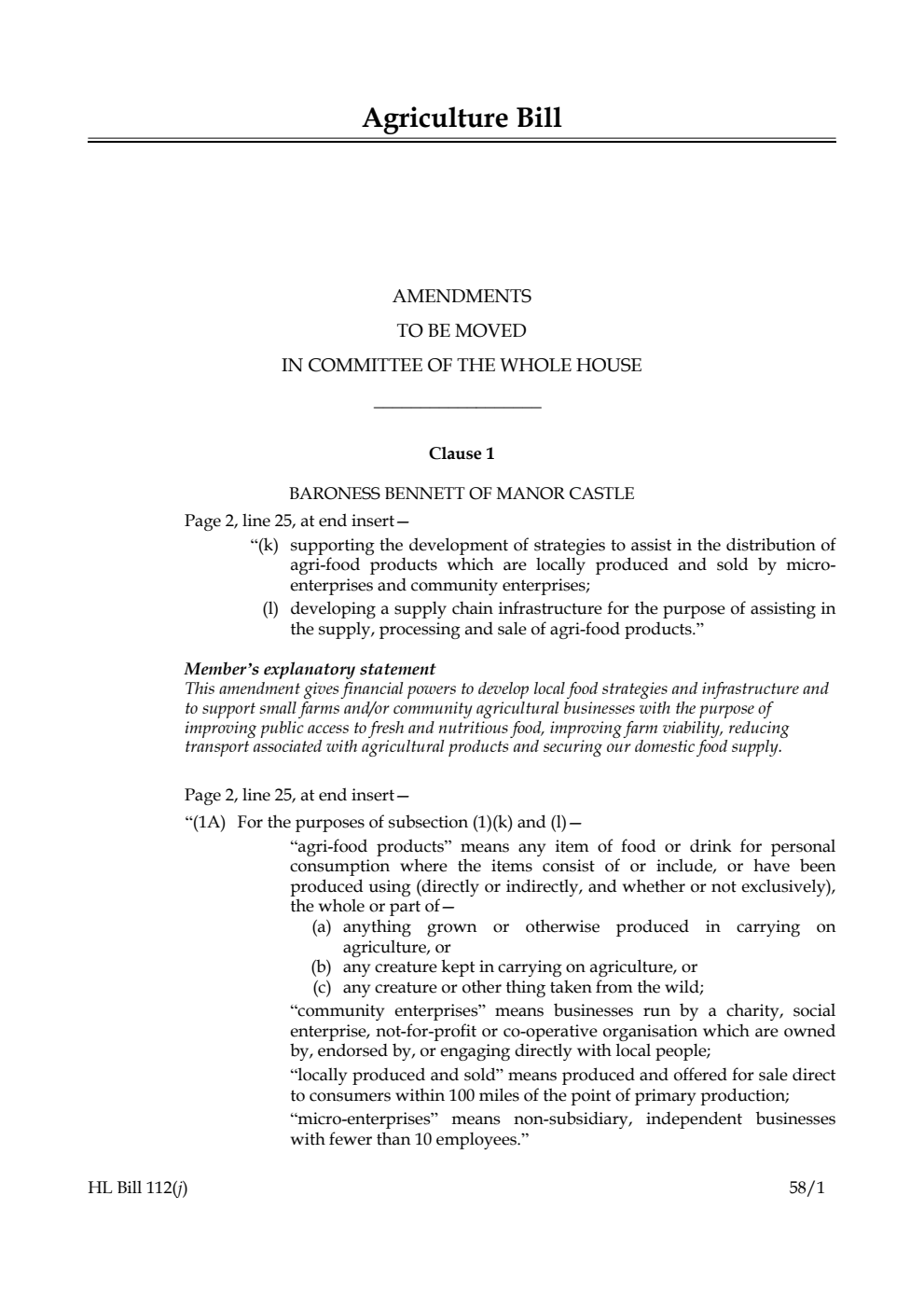 Agriculture Bill Amendments to be moved in Committee of the Whole House