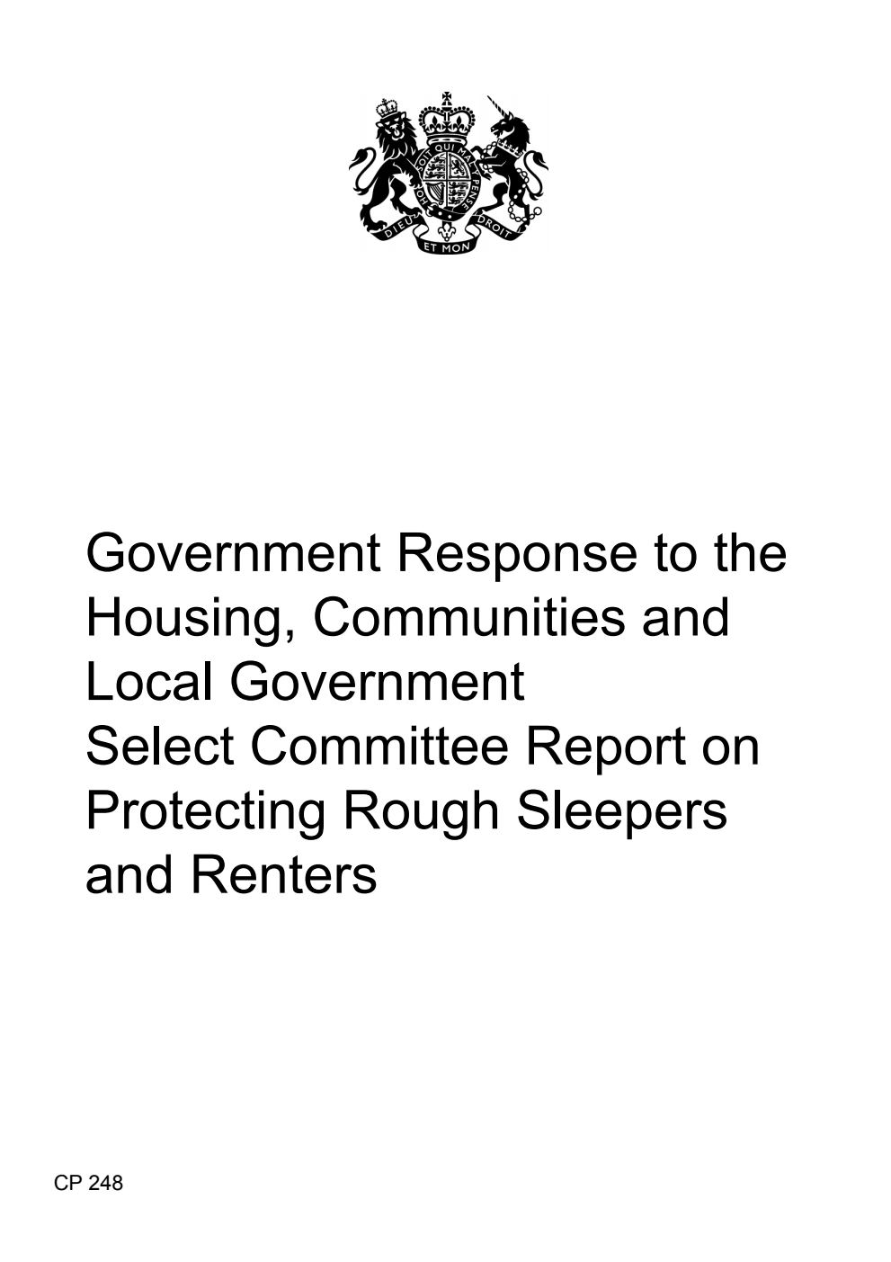 Government Response to the Housing, Communities and Local Government Select Committee Report on Protecting Rough Sleepers and Renters