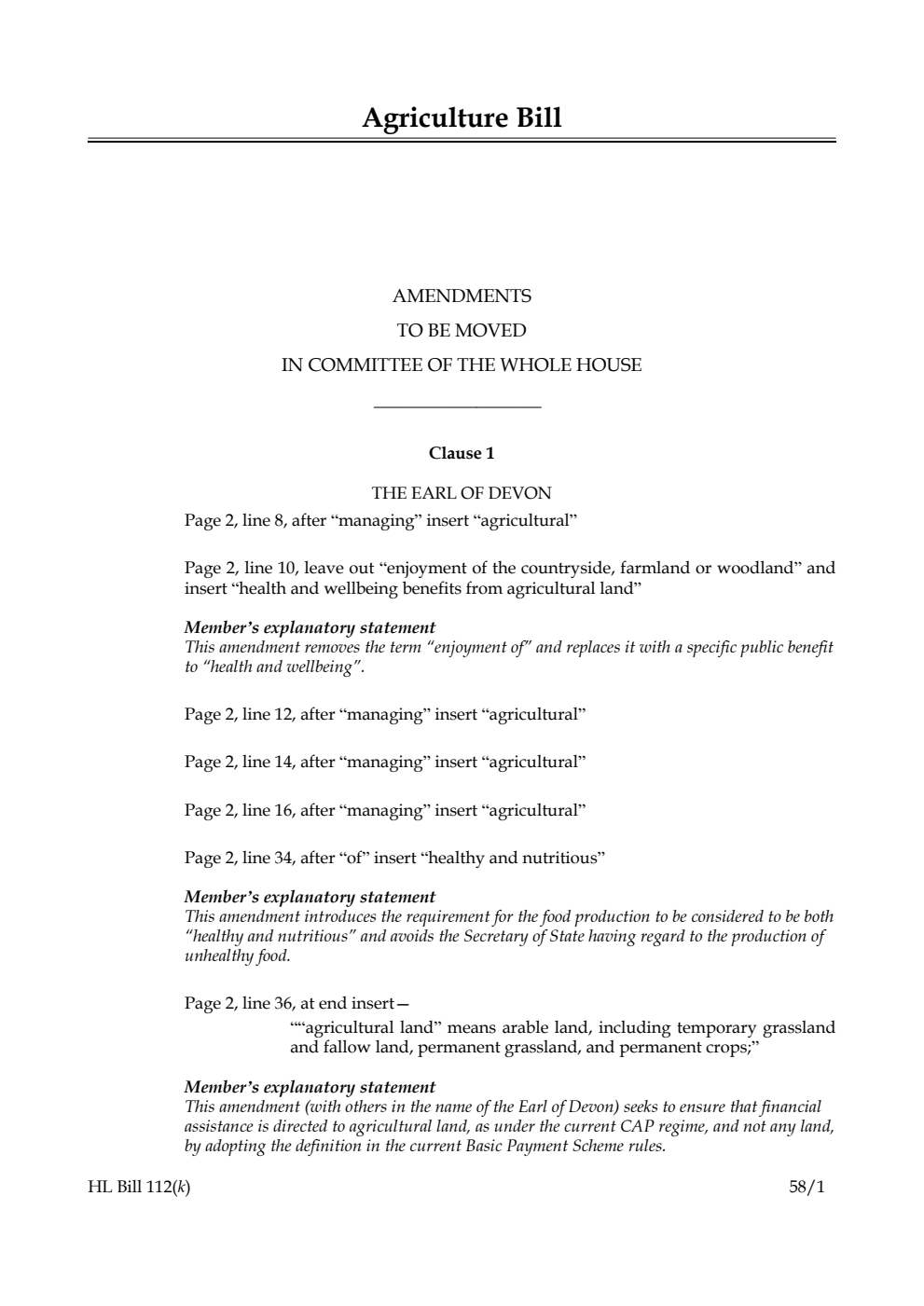 Agriculture Bill Amendments to be moved in Committee of the Whole House