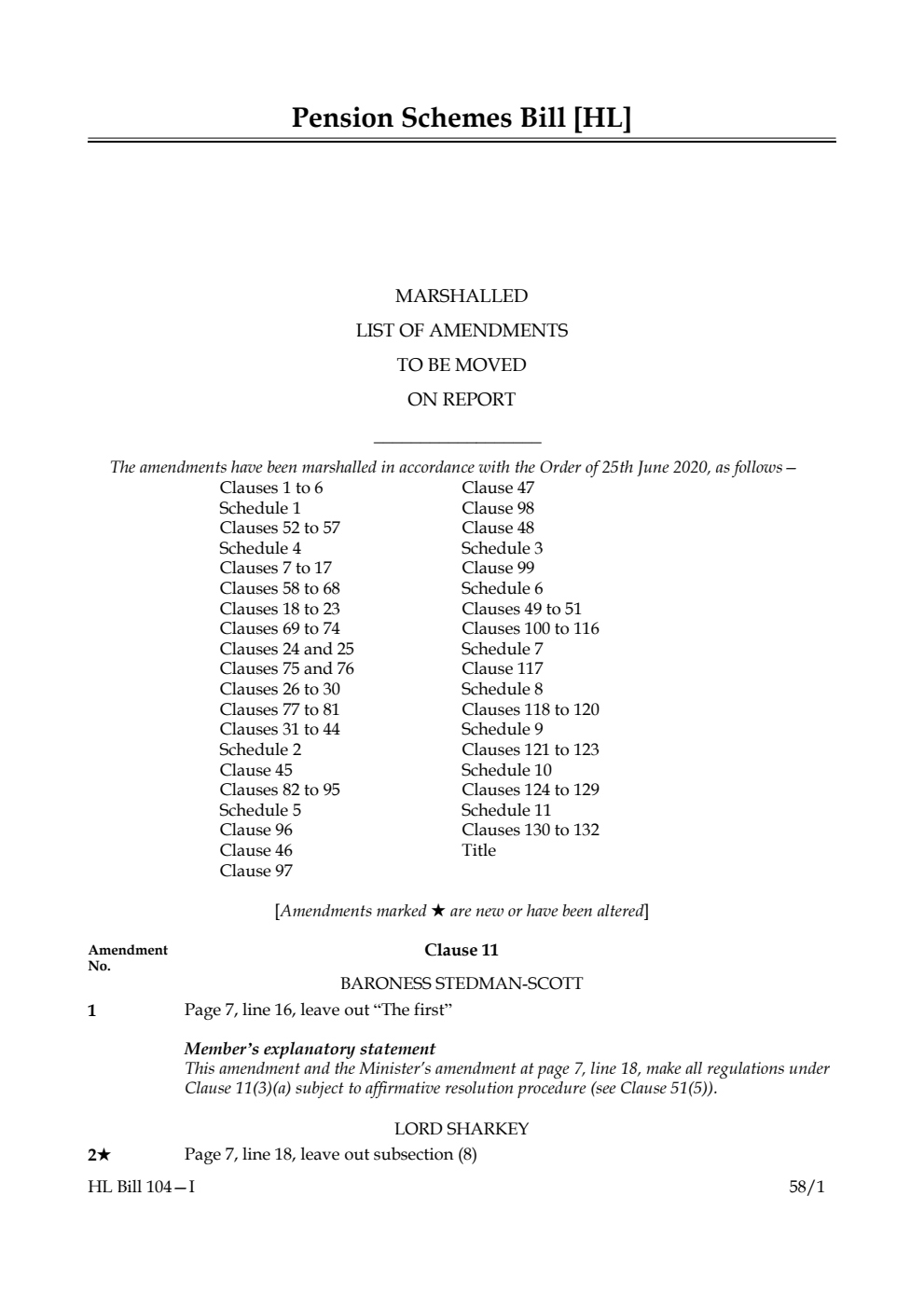 Pension Schemes Bill Marshalled List of amendments to be moved on report
