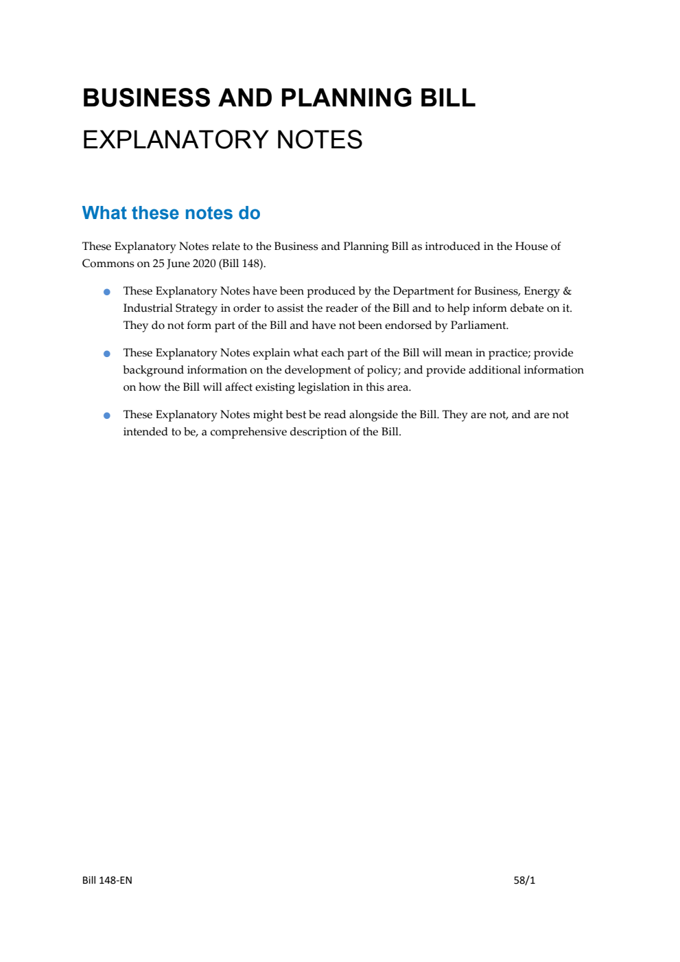 Business and Planning Bill Explanatory Notes