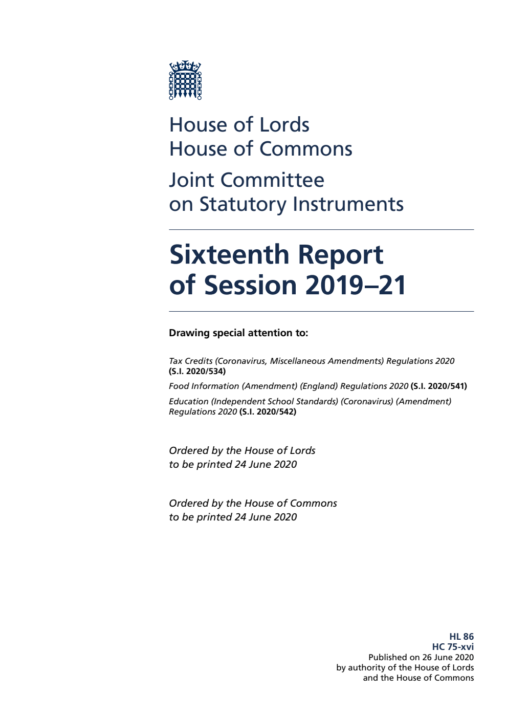 Joint Committee on Statutory Instruments 16th Report of Session 2019-21