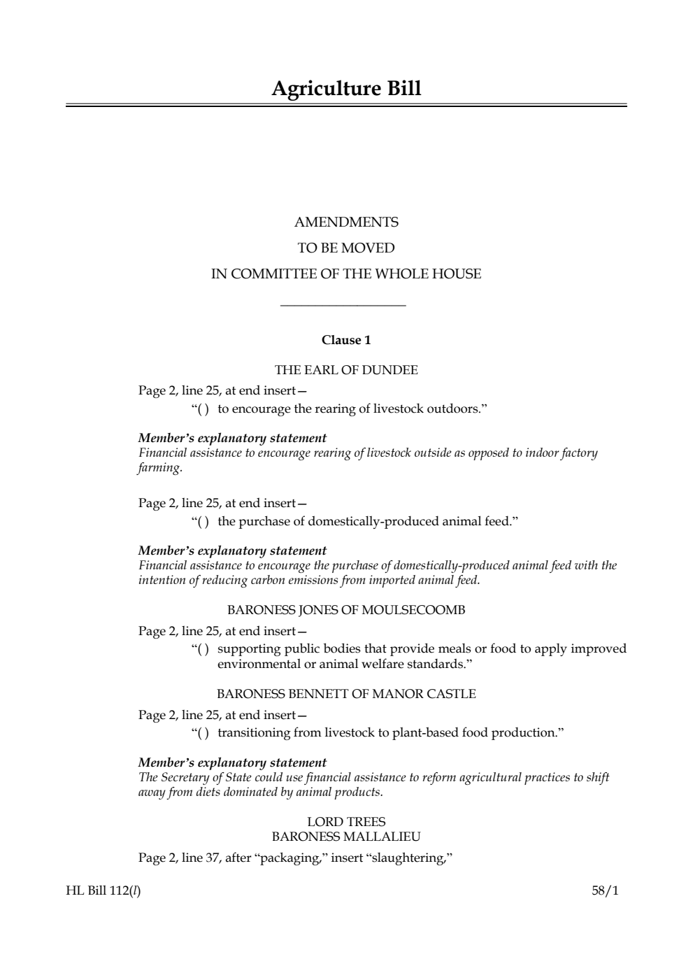 Agriculture Bill Amendments to be moved in Committee of the Whole House