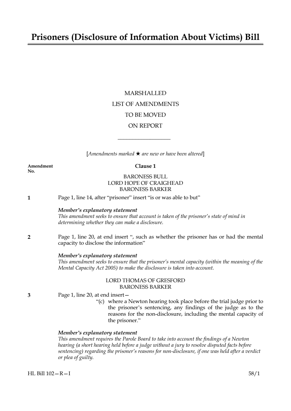 Prisoners (Disclosure of Information About Victims) Bill Marshalled List of amendments to be moved on report