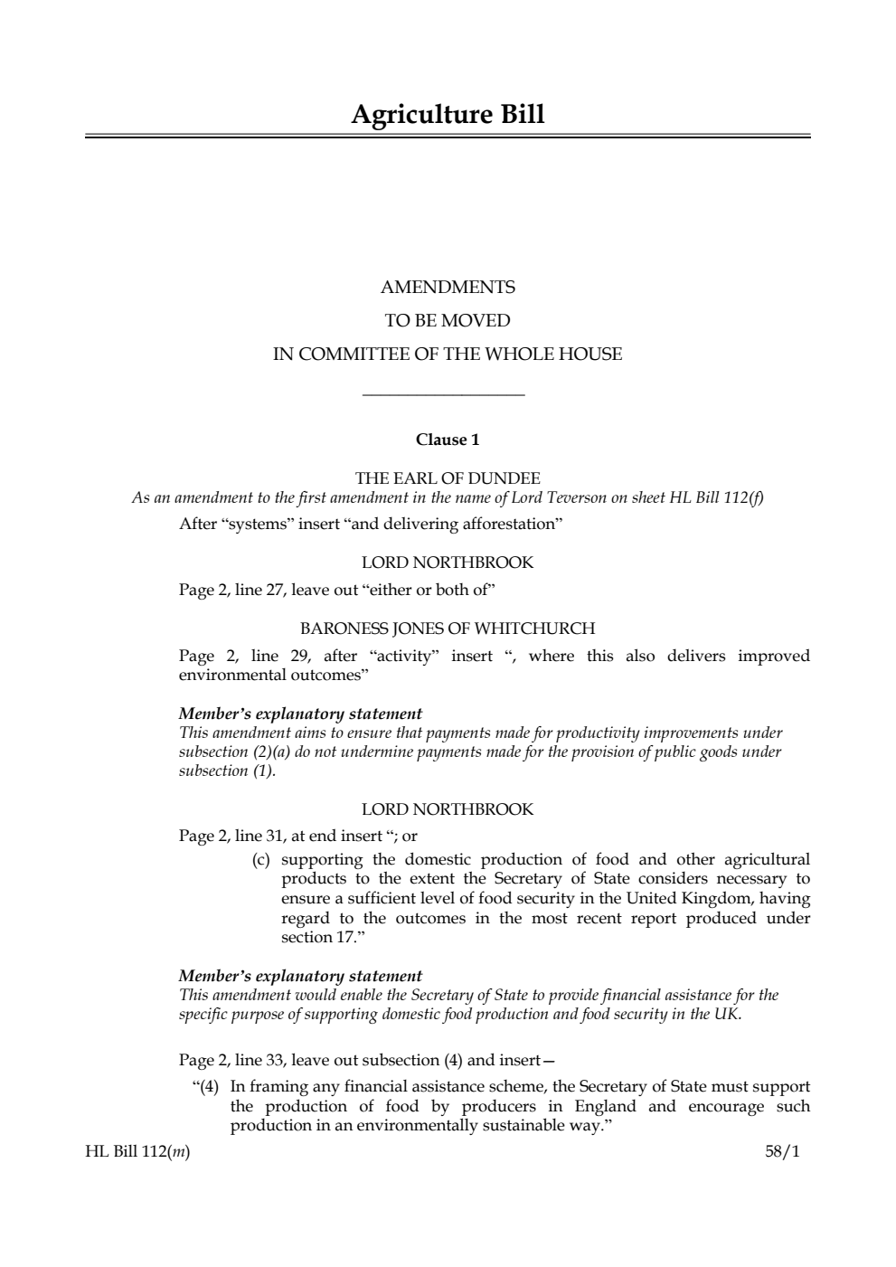 Agriculture Bill Amendments to be moved in Committee of the Whole House