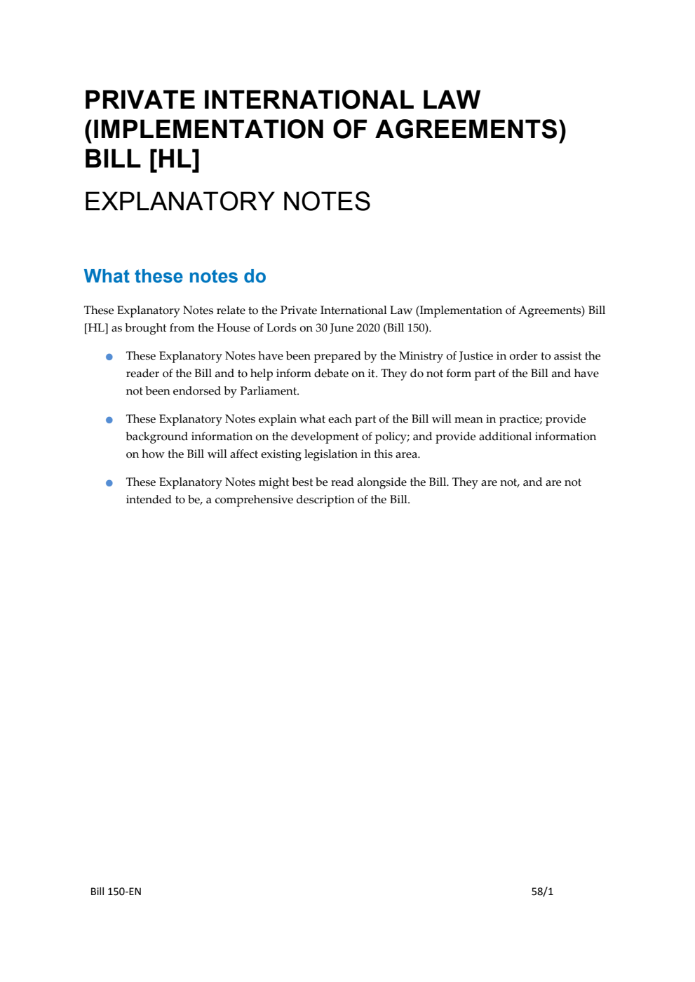 Private International Law (Implementation of Agreements) Bill Explanatory Notes