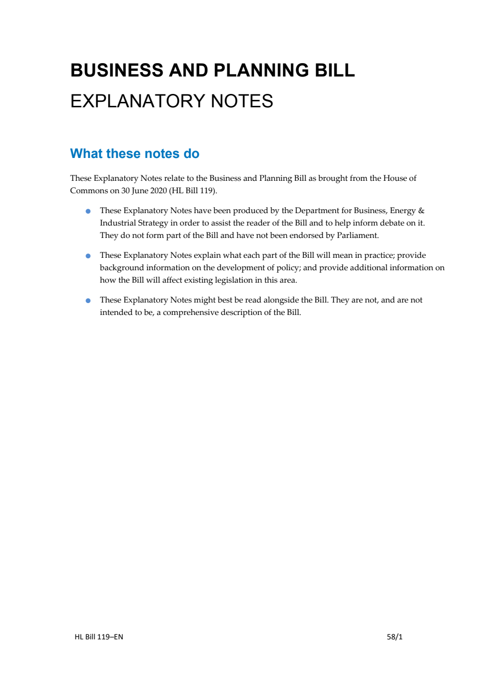 Business and Planning Bill Explanatory Notes