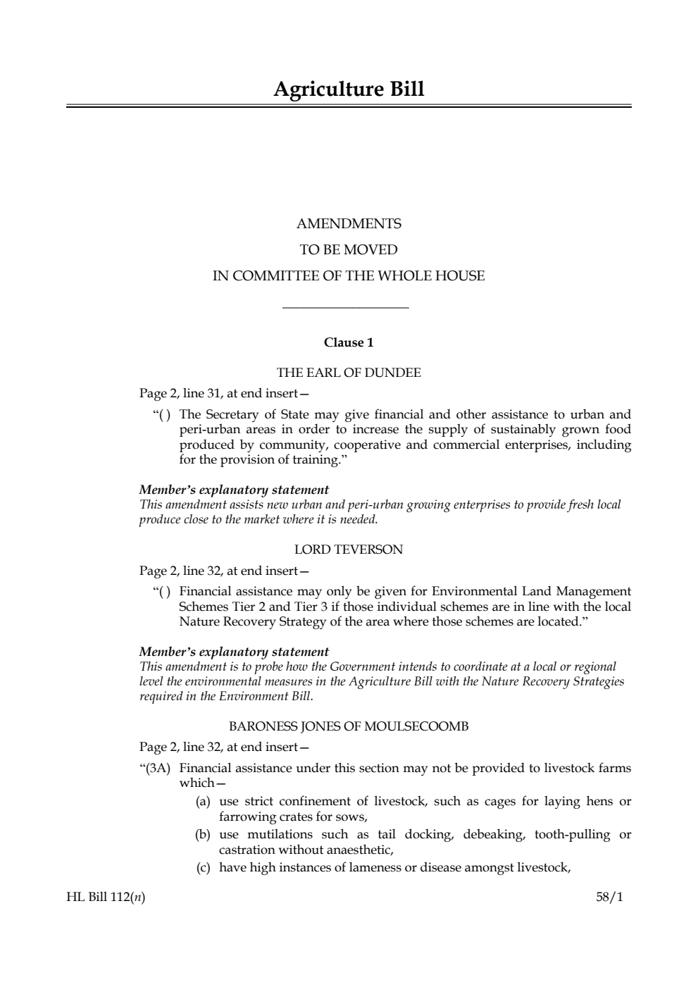 Agriculture Bill Amendments to be moved in Committee of the Whole House