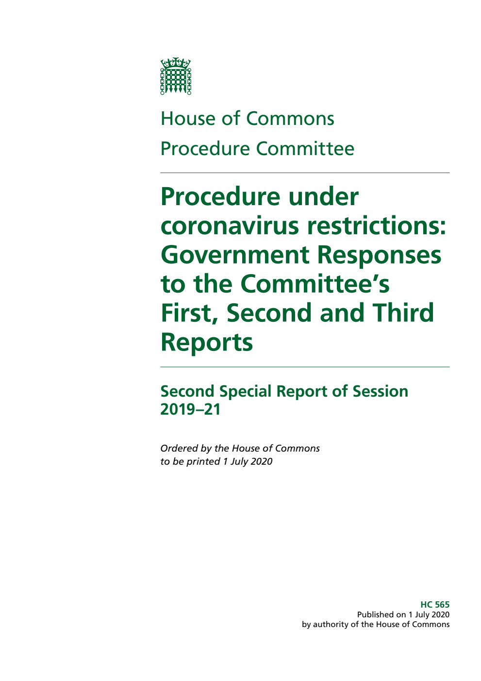 Procedure Committee 2nd Special Report. Procedure under coronavirus restrictions: Government Responses to the Committee’s First, Second and Third Reports