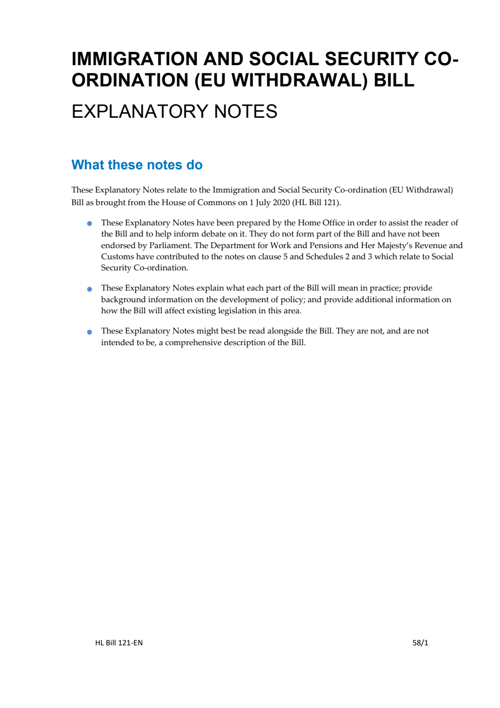 Immigration and Social Security Co-ordination (EU Withdrawal) Bill Explanatory Notes