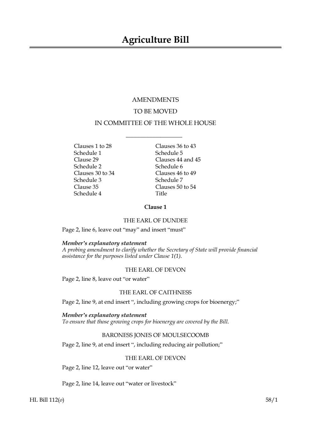 Agriculture Bill Amendments to be moved in Committee of the Whole House