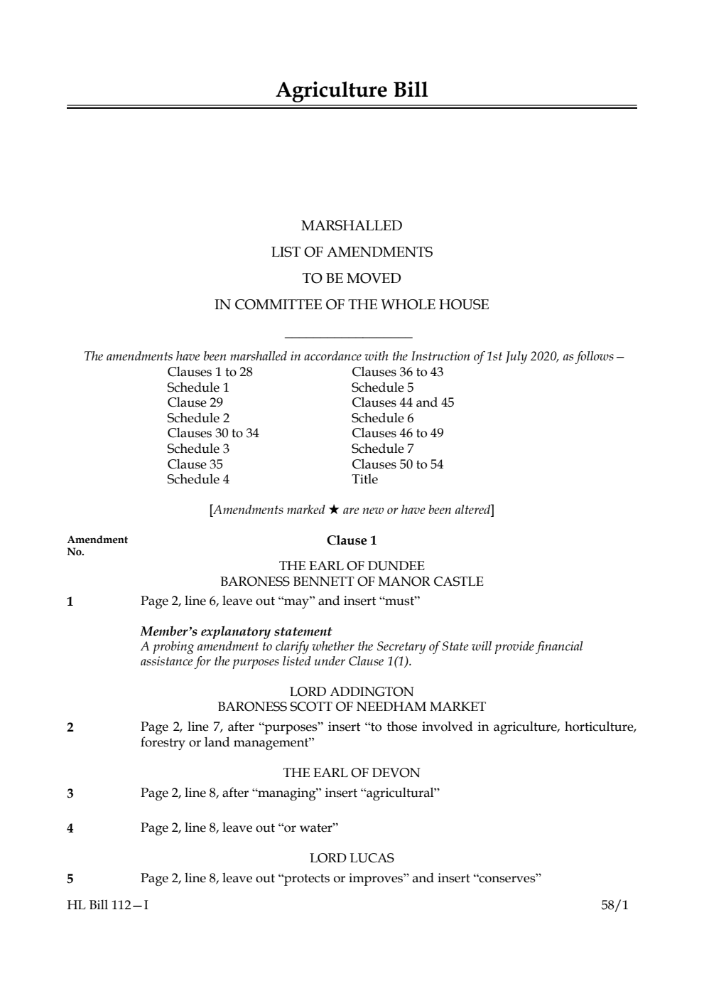 Agriculture Bill Marshalled List of Amendments to be moved in Committee of the Whole House