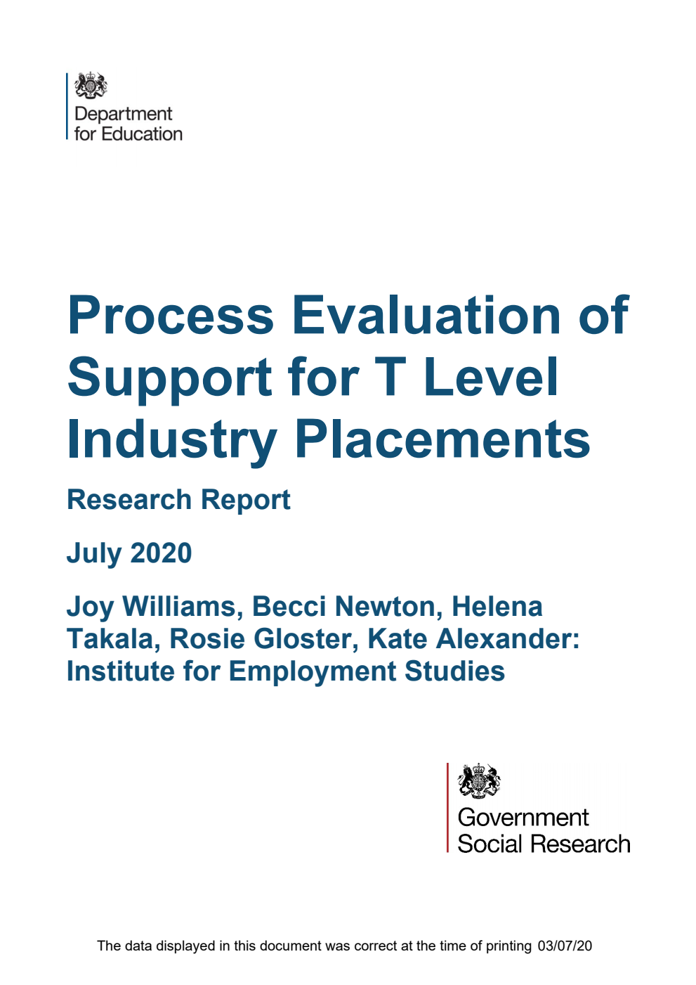 DFE-RR982 Process Evaluation of Support for T Level Industry Placements