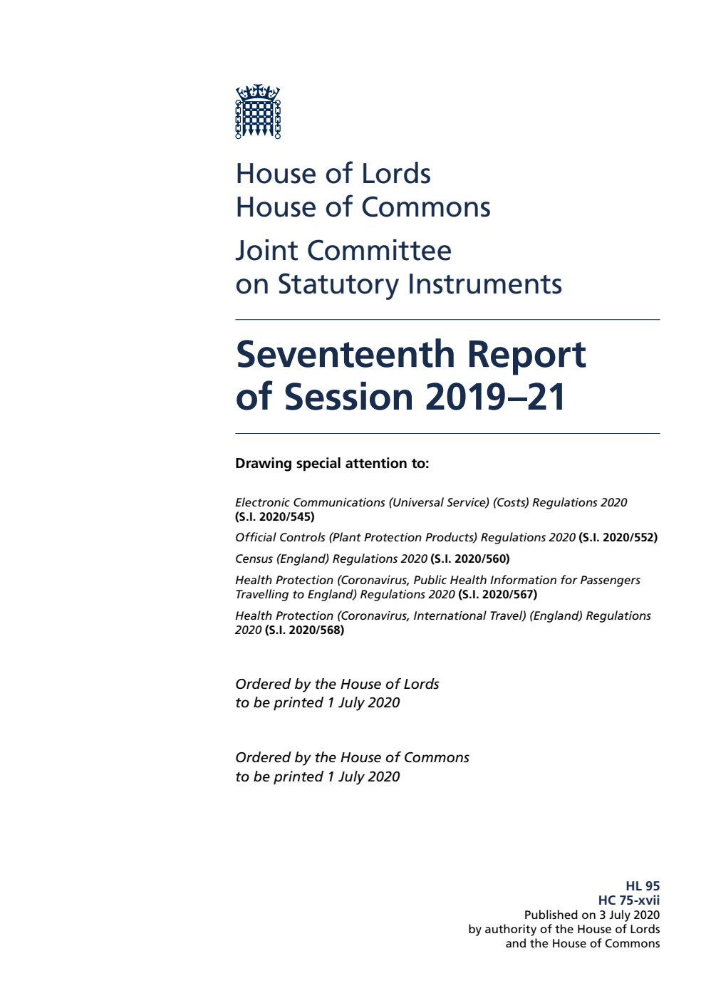 Joint Committee on Statutory Instruments 17th Report of Session 2019-21
