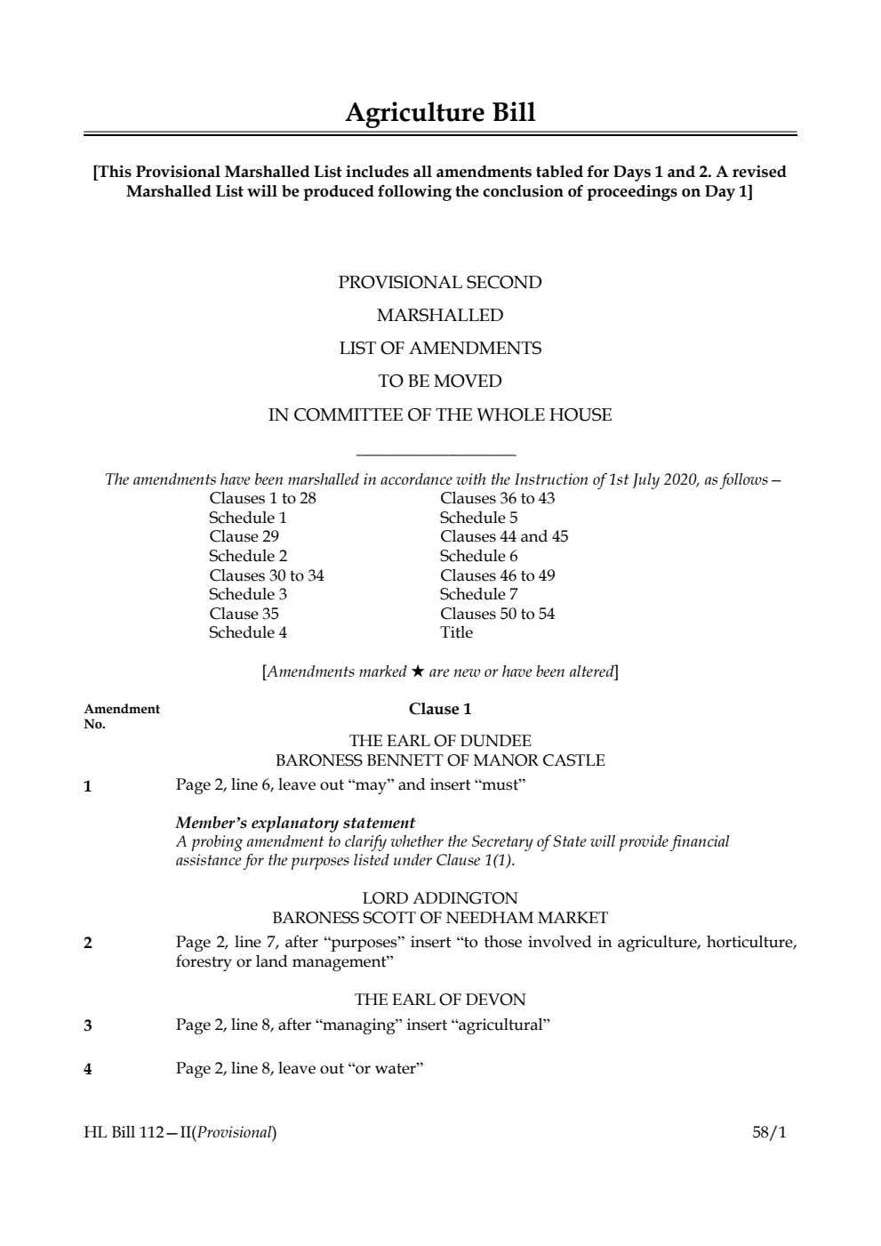 Agriculture Bill Provisional Second Marshalled List of Amendments to be moved in Committee of the Whole House