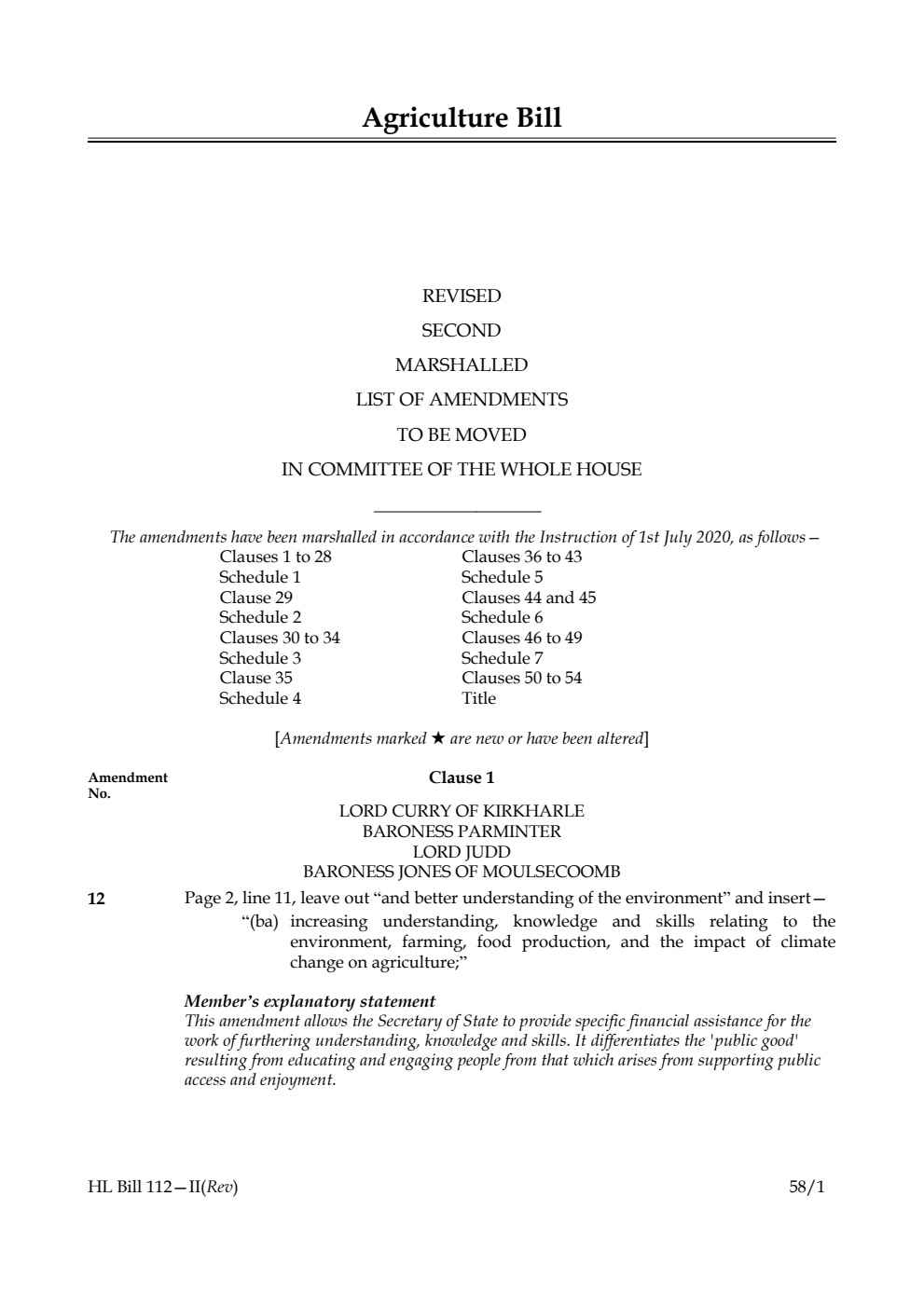 Agriculture Bill Revised Second Marshalled List of Amendments to be moved in Committee of the Whole House
