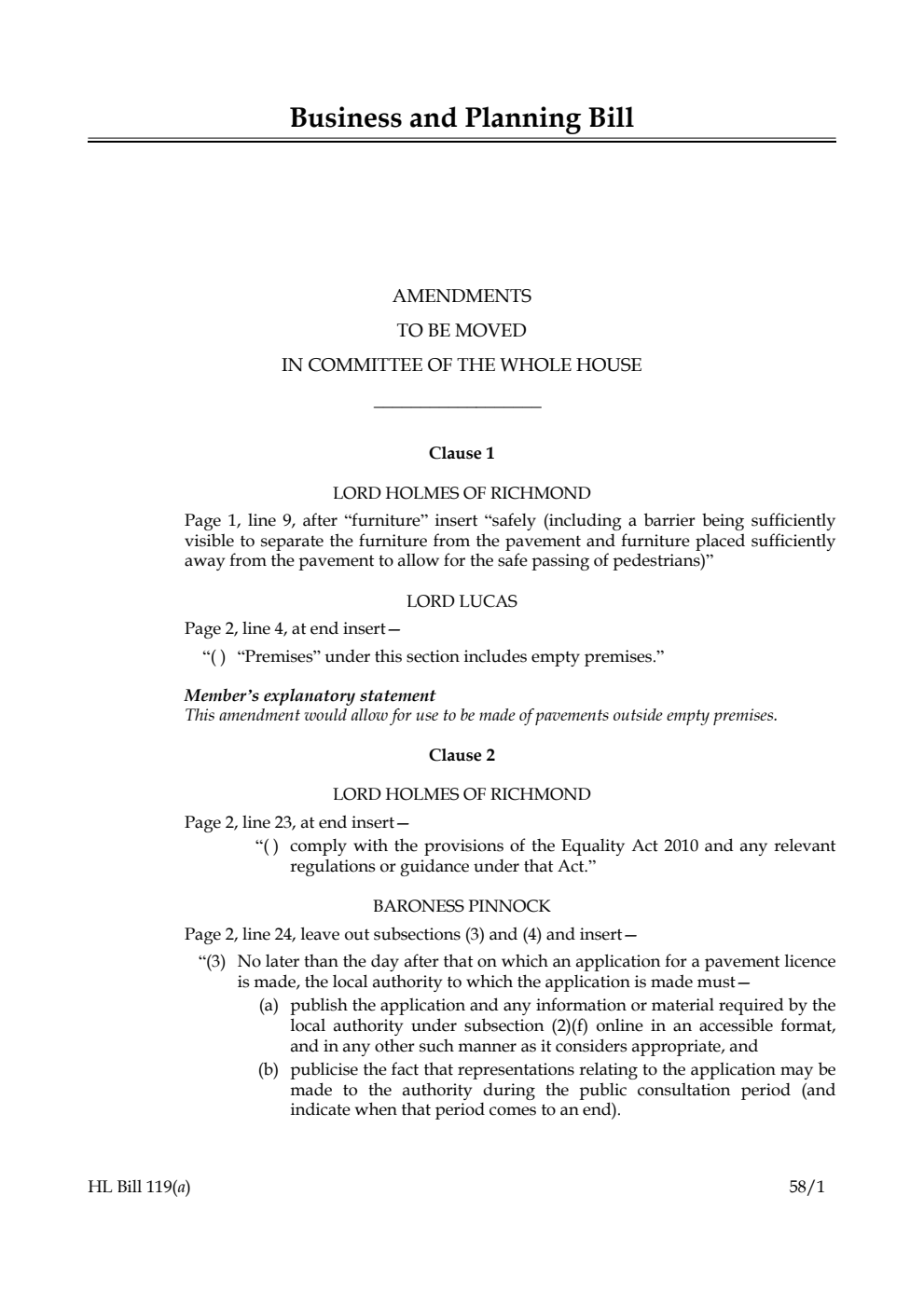 Business and Planning Bill Amendments to be moved in Committee of the Whole House