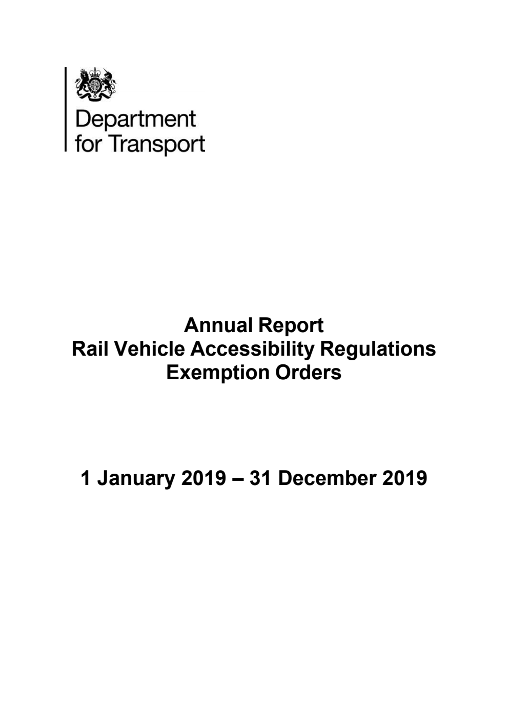 Annual Report Rail Vehicle Accessibility Regulations Exemption Orders 1 January 2019 - 31 December 2019