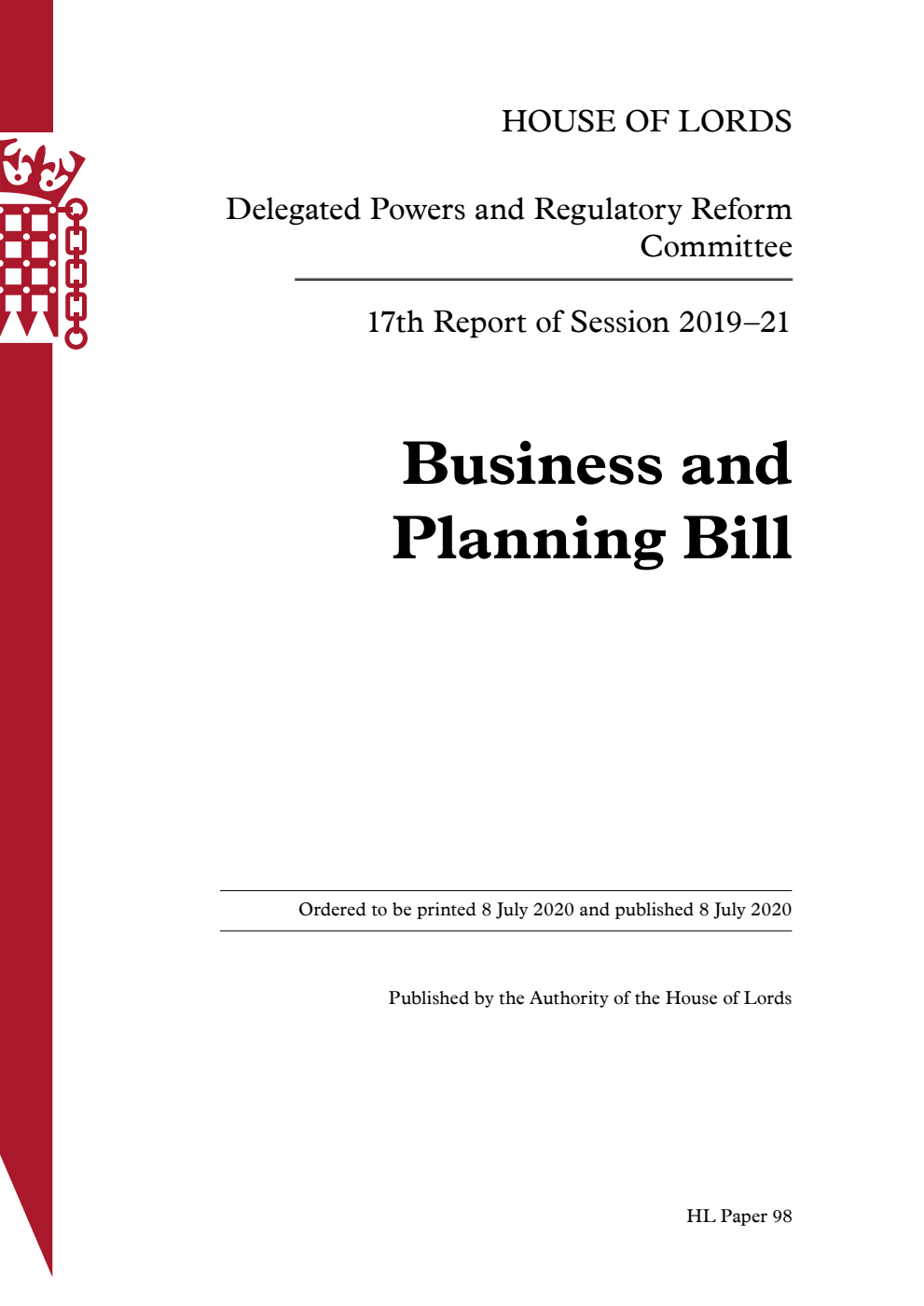 Delegated Powers and Regulatory Reform Committee 17th Report. Business and Planning Bill