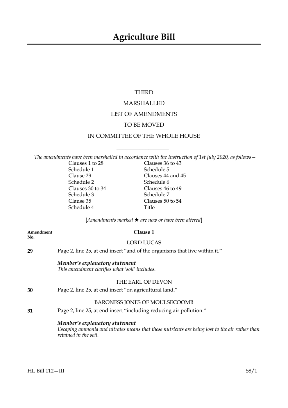 Agriculture Bill Third Marshalled List of Amendments to be moved in Committee of the Whole House