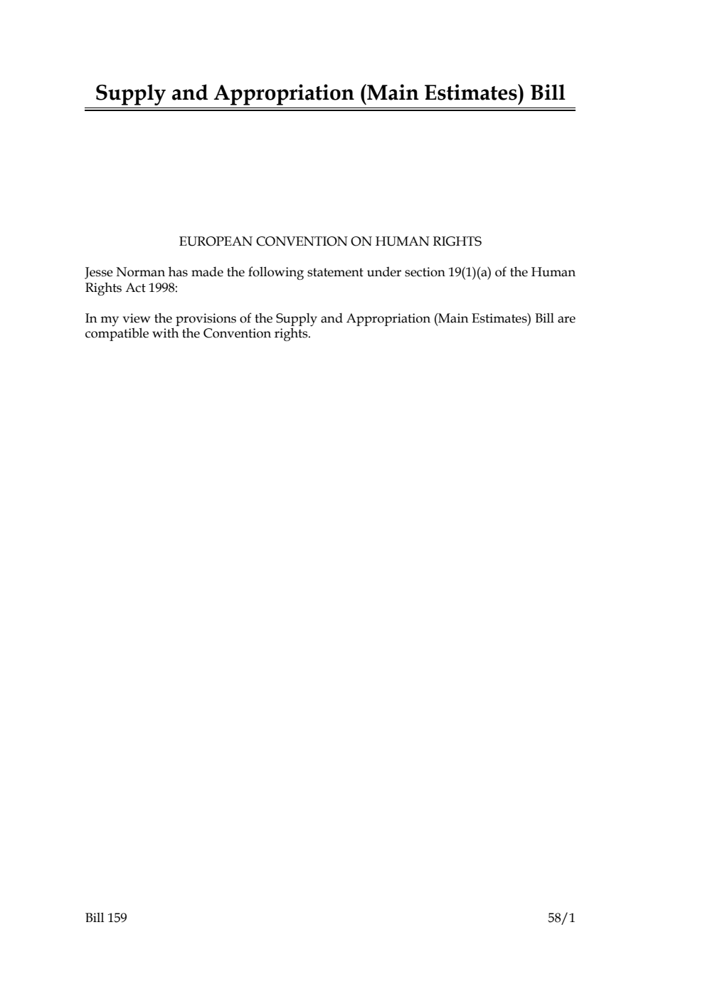 Supply and Appropriation (Main Estimates) Bill