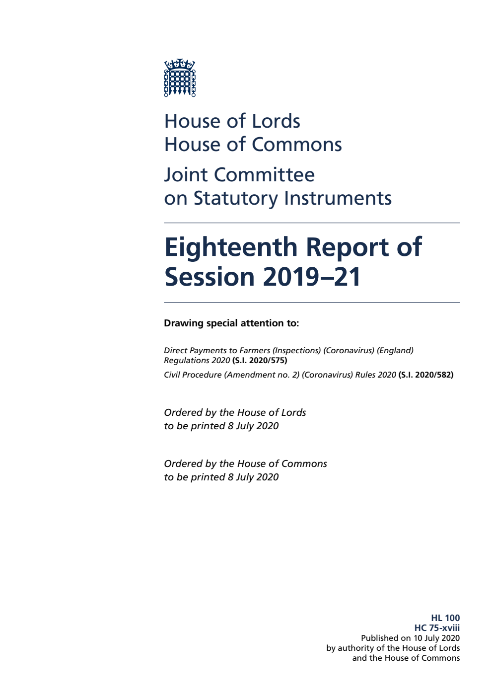 Joint Committee on Statutory Instruments 18th Report of Session 2019-21