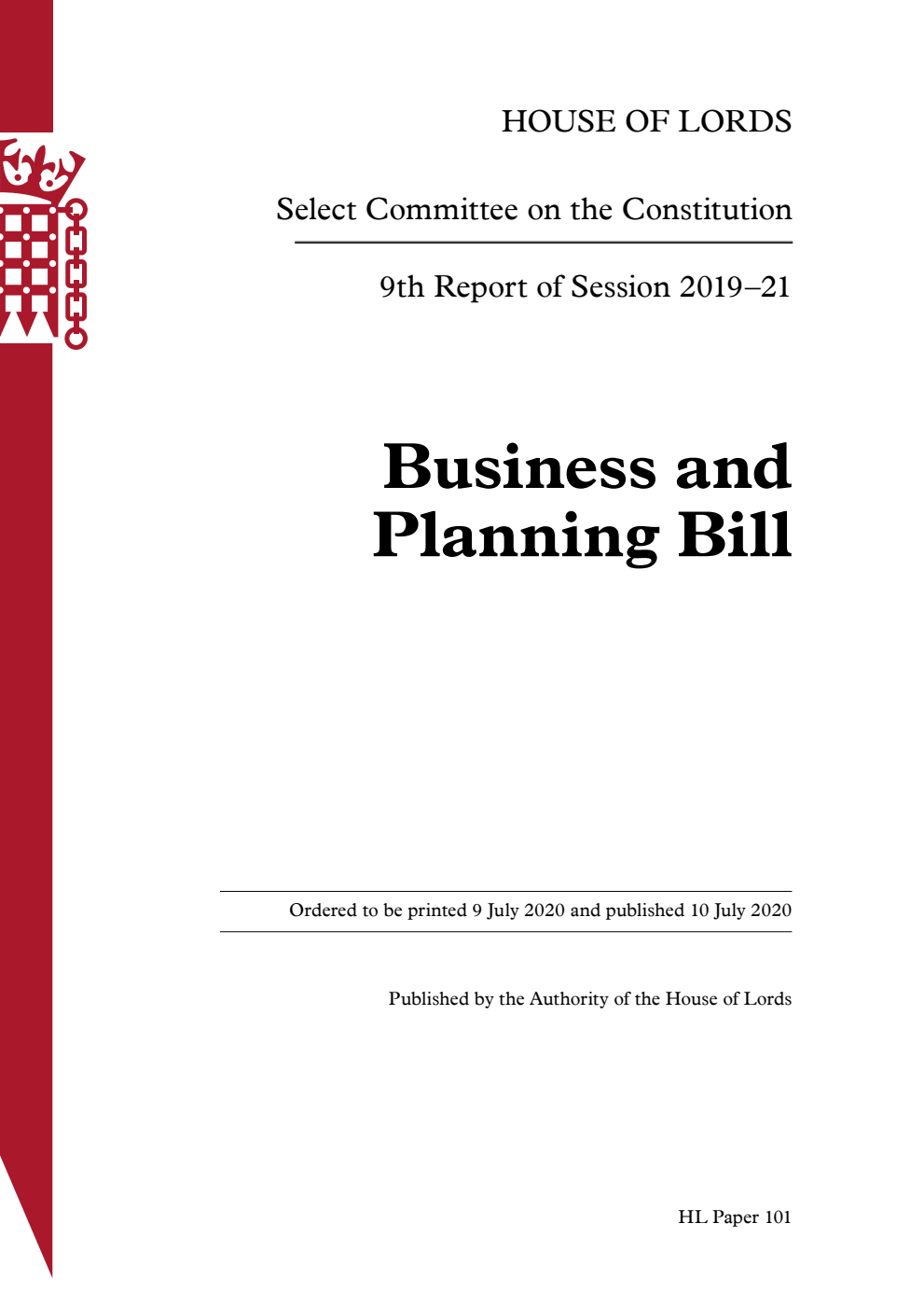 Constitution Committee 9th Report. Business and Planning Bill